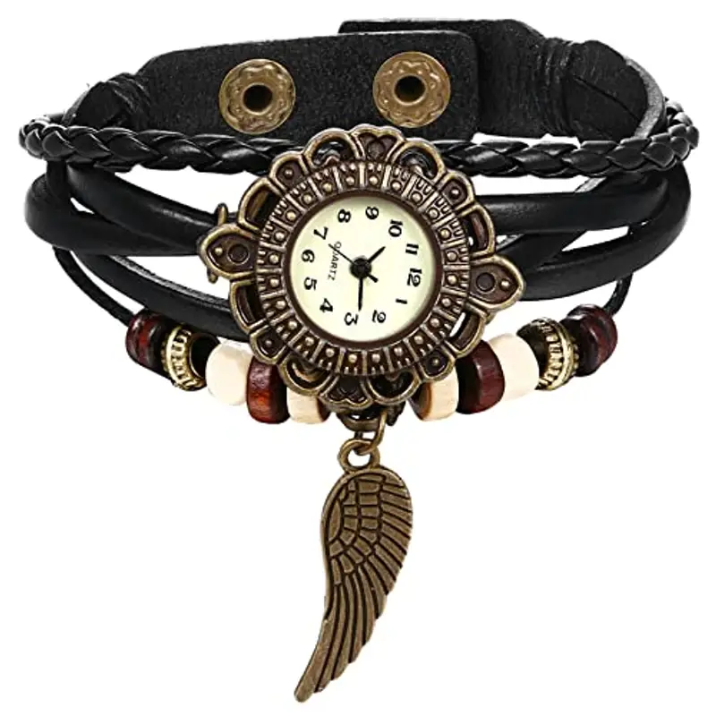 JewelryWe Orologio a Quarzo Bracciale in Pelle da Donna Ciondolo a Forma di Ala