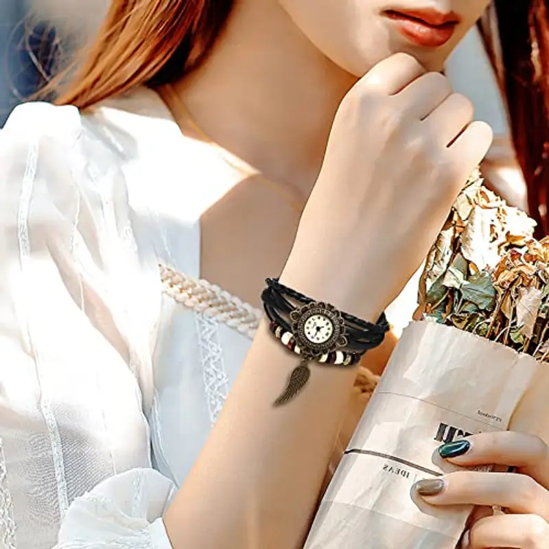 JewelryWe Orologio a Quarzo Bracciale in Pelle da Donna Ciondolo a Forma di Ala miniatura 2