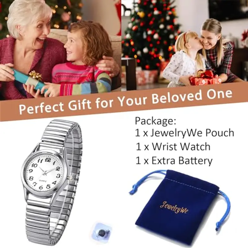 JewelryWe Orologio al Quarzo Cinturino Elastico, Orologio Rigido da Donna, Anziani, Numero Grandi, Orologio alla miniatura 3