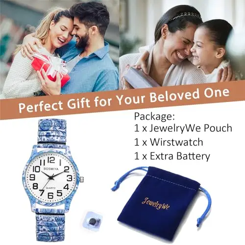 JewelryWe - Orologio da Donna Cinturino Elastico Numero Grande Cinturino Colorato in Metallo Retro Vintage Boemia miniatura 3