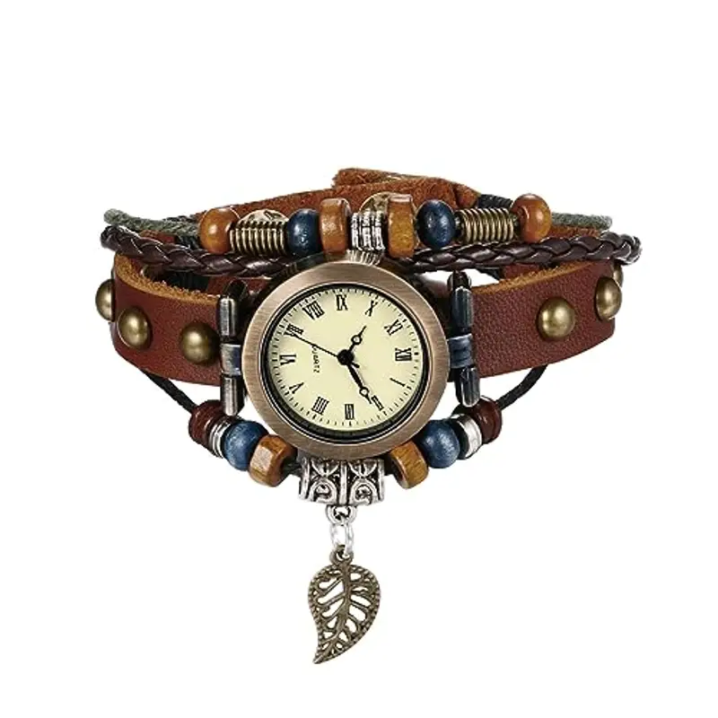 JewelryWe - Orologio da Polso Cinturino in Pelle Ciondolo a Forma di Foglie Regalo per Festa dei Bambini Ragazzi