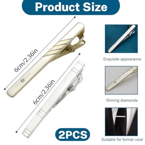 JEYORZY 2pcs Fermacravatte Uomo Classici in Rame, Clip di Cravatta Set, ferma cravatta da uomo, Fermacravatte Eleganti miniatura 3