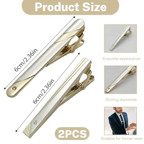 JEYORZY 2pcs Fermacravatte Uomo Classici in Rame, Clip di Cravatta Set, ferma cravatta da uomo, Fermacravatte Eleganti miniatura 3