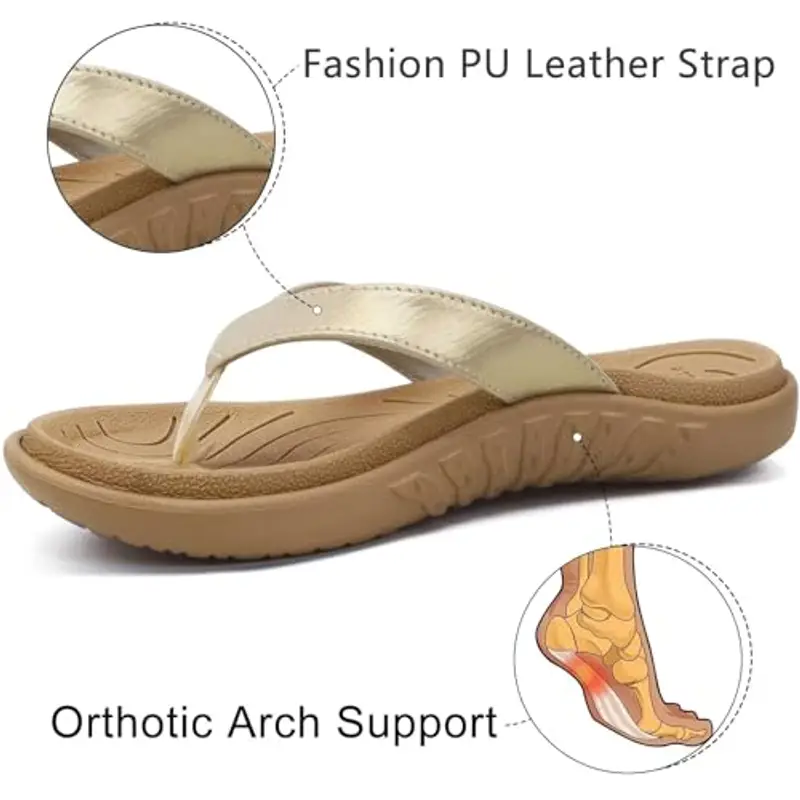 jiajiale Infradito Donna Moda Ortopediche Estive Comode Pelle Supporto Arco Plantare Flip Flop Doccia Spiaggia Piscina Aperte Mare Leggere Eleganti Ciabatte Antiscivolo Gomma Suole Beige EU43 miniatura 3