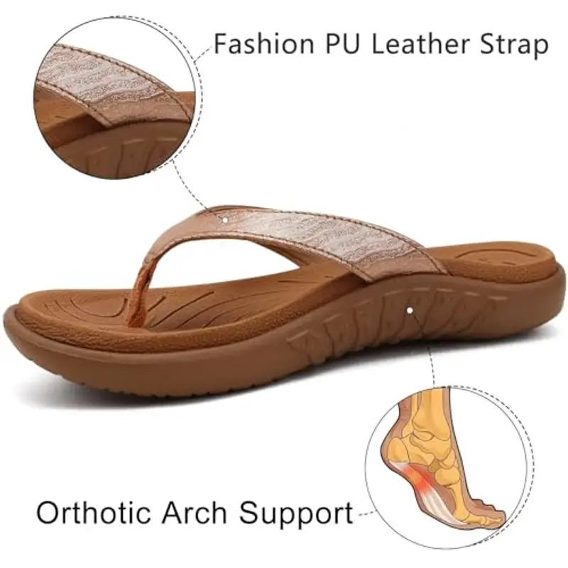 jiajiale Infradito Donna Moda Ortopediche Estive Comode Pelle Supporto Arco Plantare Flip Flop Doccia Spiaggia Piscina Aperte Mare Leggere Eleganti Ciabatte Antiscivolo Gomma Suole Cachi EU41 miniatura 3