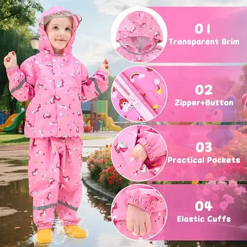 JinBei Tuta Impermeabile Bambino Leggero Tuta Pioggia Bambina con Cappuccio Modelli Animali Pantaloni e Giacca miniatura 3