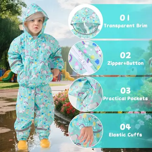 JinBei Tuta Impermeabile Bambino Leggero Tuta Pioggia Bambina con Cappuccio Traspirante Pantaloni e Giacca Antipioggia miniatura 3