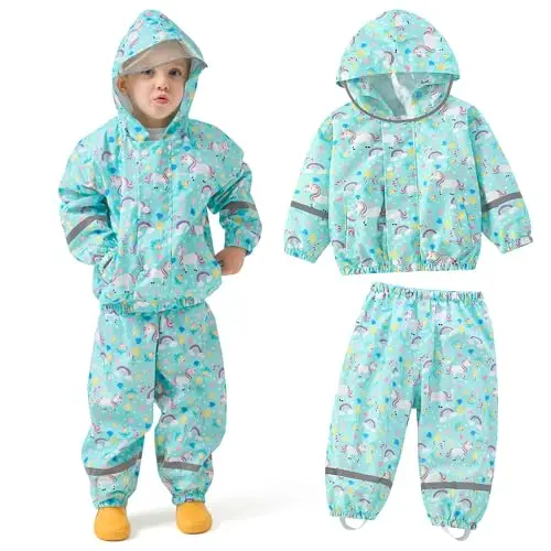 JinBei Tuta Impermeabile Bambino Leggero Tuta Pioggia Bambina con Cappuccio Traspirante Pantaloni e Giacca Antipioggia