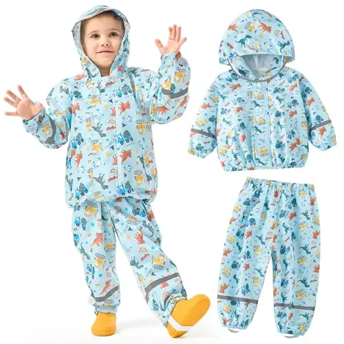 JinBei Tuta Pioggia Bambino Leggero Tuta Impermeabile Bambina con Cappuccio Traspirante Pantaloni e Giacca
