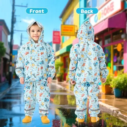 JinBei Tuta Pioggia Bambino Leggero Tuta Impermeabile Bambina con Cappuccio Traspirante Pantaloni e Giacca miniatura 2