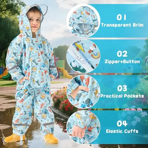 JinBei Tuta Pioggia Bambino Leggero Tuta Impermeabile Bambina con Cappuccio Traspirante Pantaloni e Giacca miniatura 3