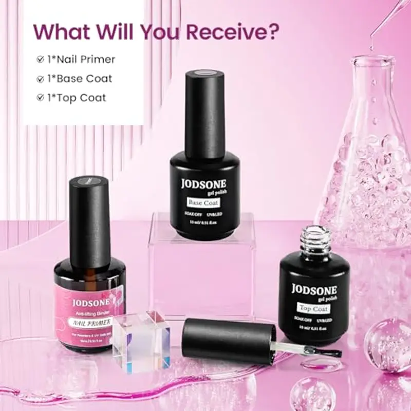 JODSONE 15ML x 3 Base e Top Coat Semipermanente, Primer per Unghie, Scintilla Asciugatura Rapida Durevole, Adatto al fai da te in casa, Disegni per unghie, Regali perfetti miniatura 2