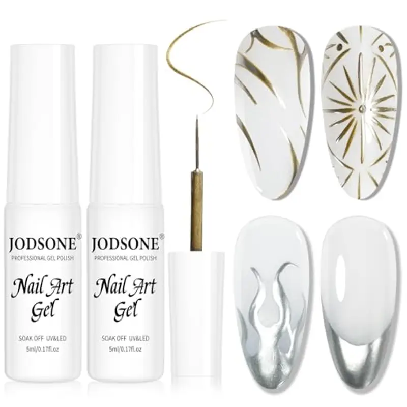 JODSONE 2 pezzi Metallic Nail Art Gel Liner Oro Specchio Cromato e Argentato Effetto 3D Smalto per unghie in gel Pennello sottile Metallo dipinto Fai da te a casa Qualità da salone Regalo per le donne