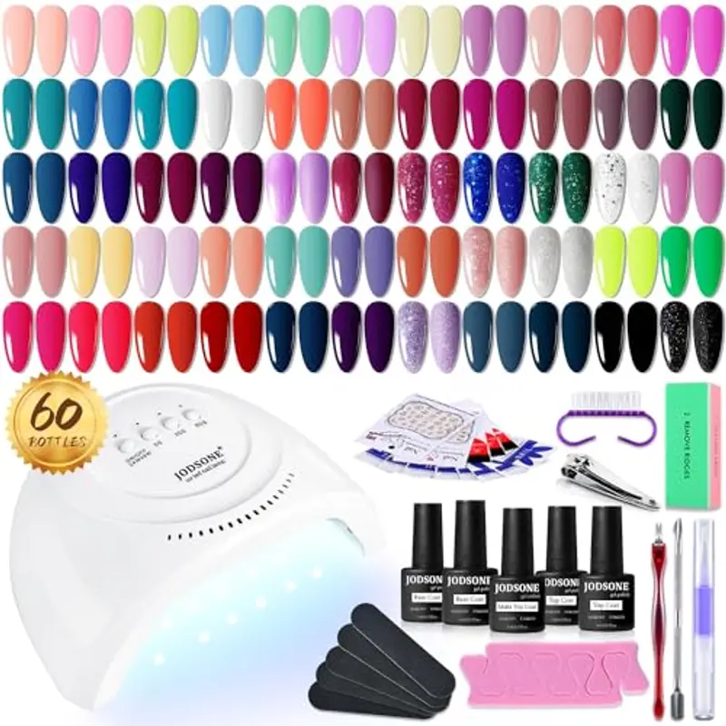 JODSONE Kit Smalto Gel per Unghie 60 Pezzi con Luce UV Soak Off Base Top Coat Smalto Gel 55 Colori Brillanti Kit Gel per Unghie Marrone Chiaro e Scuro Vino Rosso Serie Set Manicure