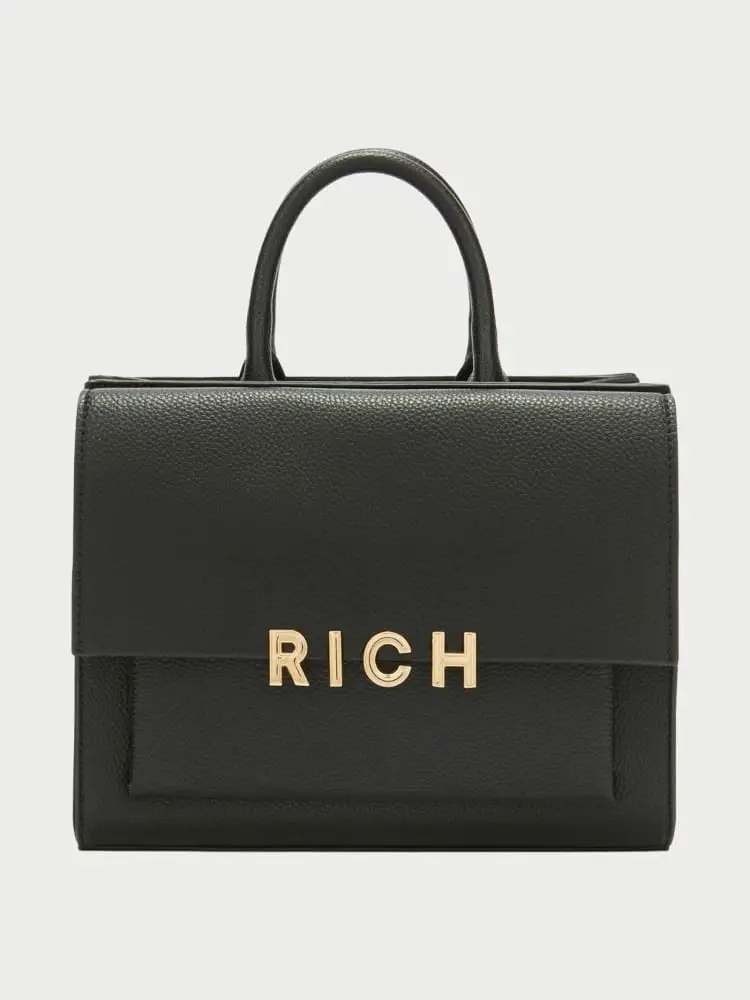 borsa in ecopelle nera con logo in metallo dorato