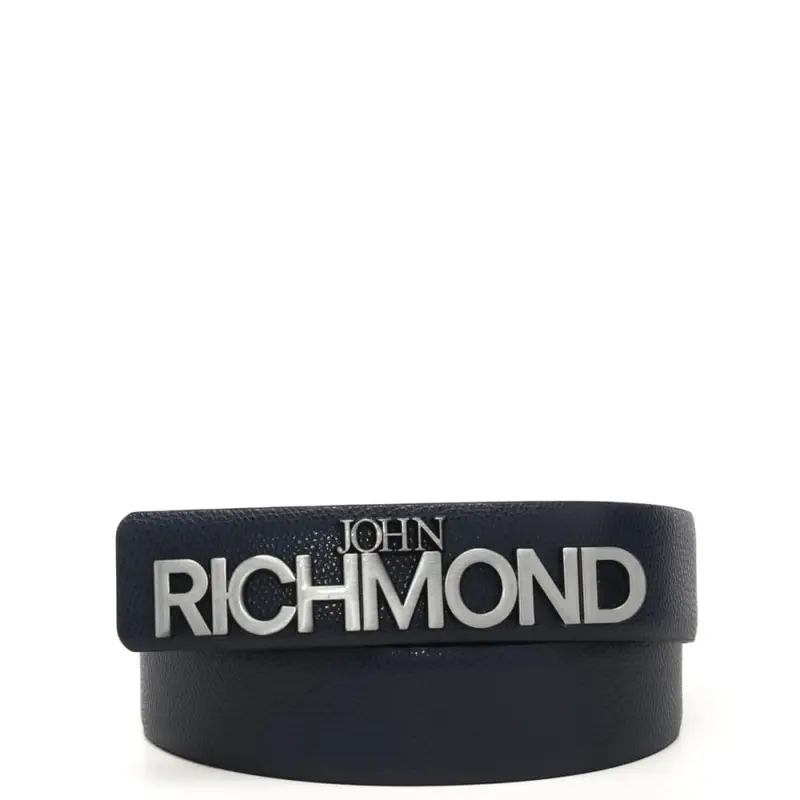 John Richmond cintura da uomo in vera pelle blu effetto martellato e placchetta logo in metallo