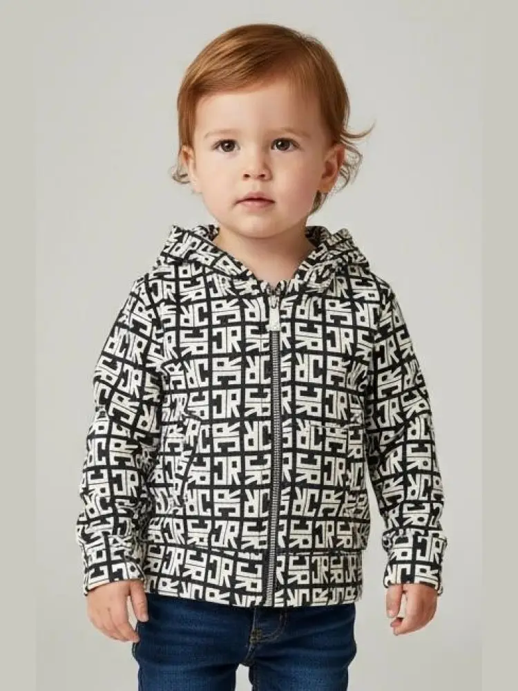 felpa full zip con cappuccio e logo all over bianca/nera