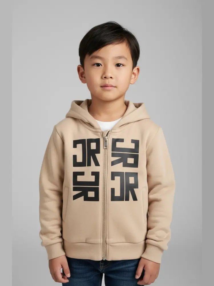 felpa infant full zip con cappuccio beige e big logo nero