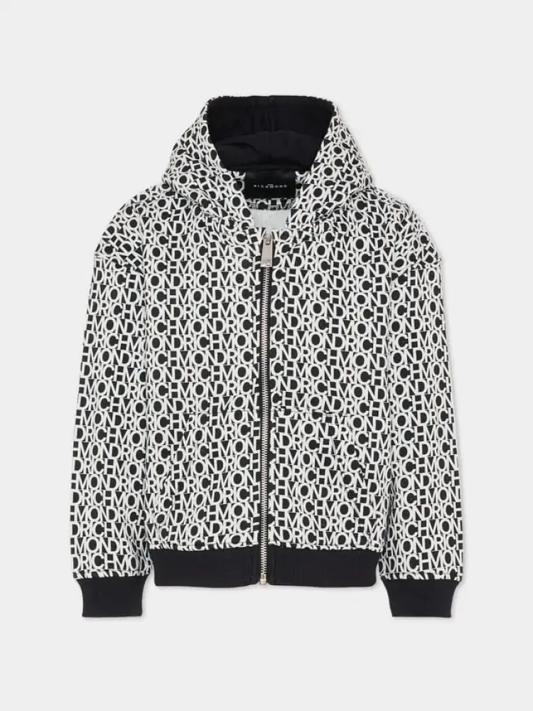 felpa kids/junior full zip con cappuccio con logo allover lettering bianco/nero