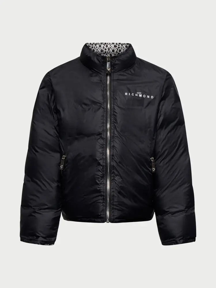 giubbotto kids/junior reversibile un lato tinta unita nero e un altro con logo lettering all over