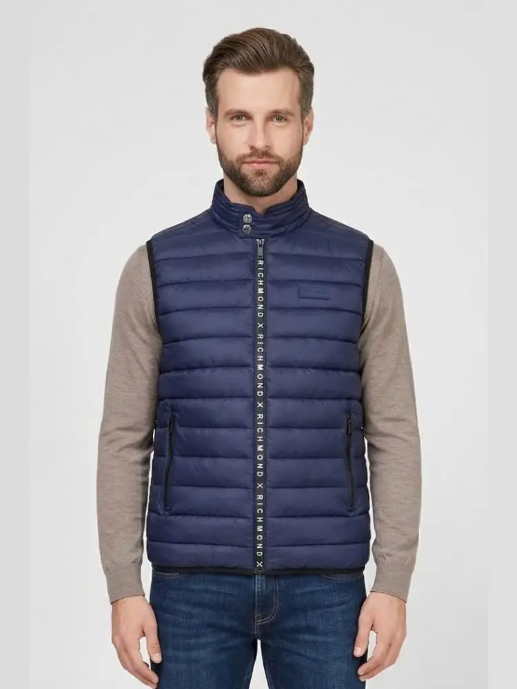 giubbotto smanicato in nylon blu con logo termosaldato