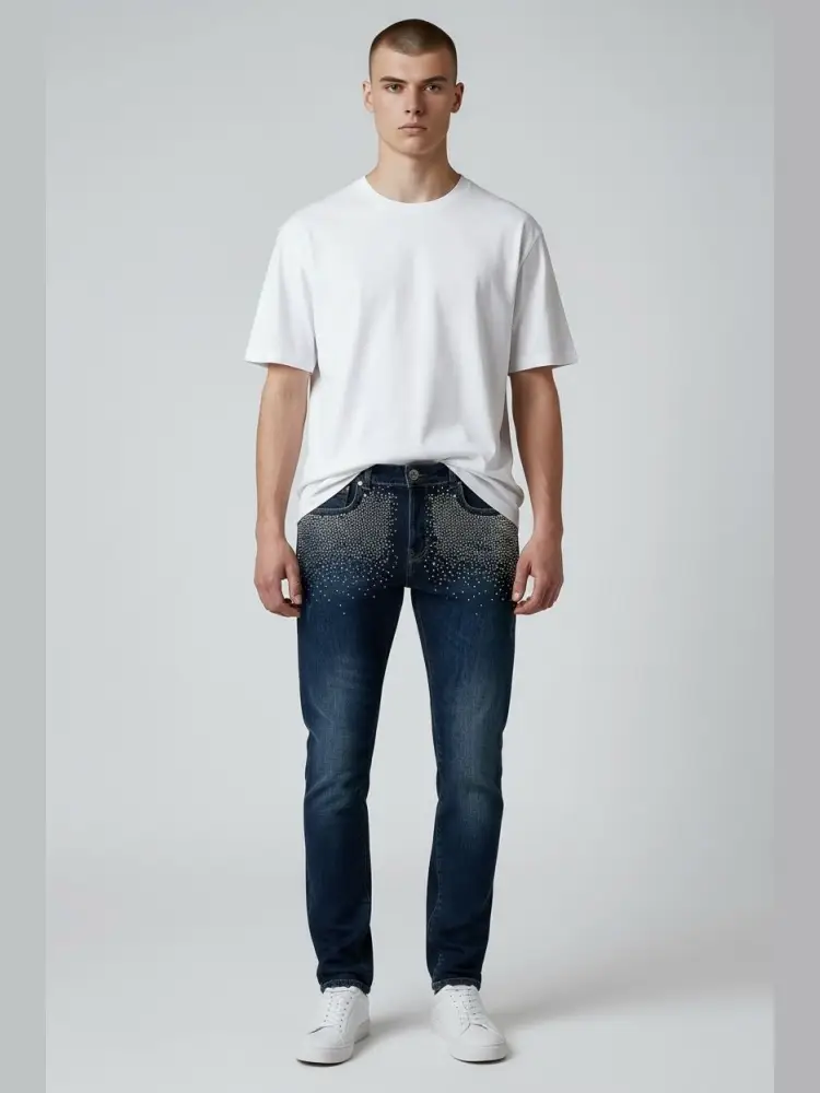 jeans pantrix blu medio sabbiato con pietre strass sul davanti