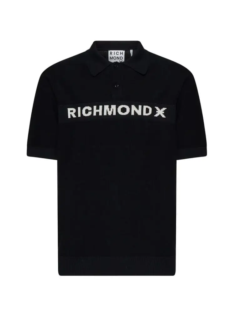 polo uomo nera con logo lettering in contrasto