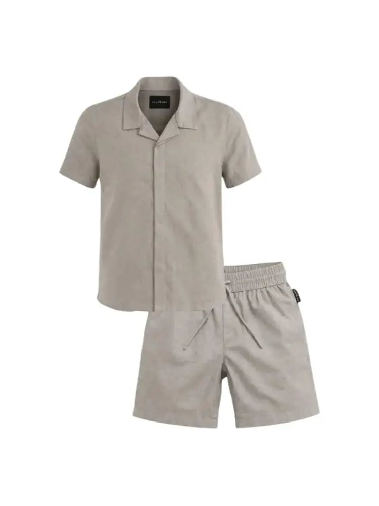 set camicia+short kids /junior in misto lino tortora