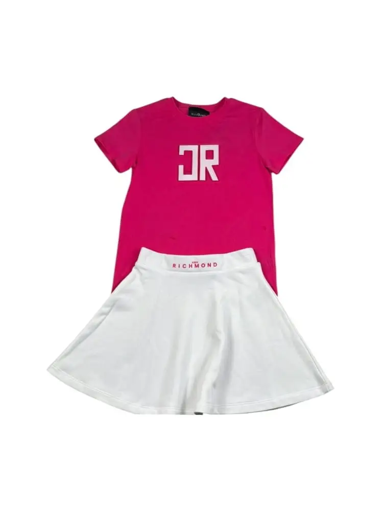 set kids/junior tshirt fuxia piu gonna bianca con logo centrale