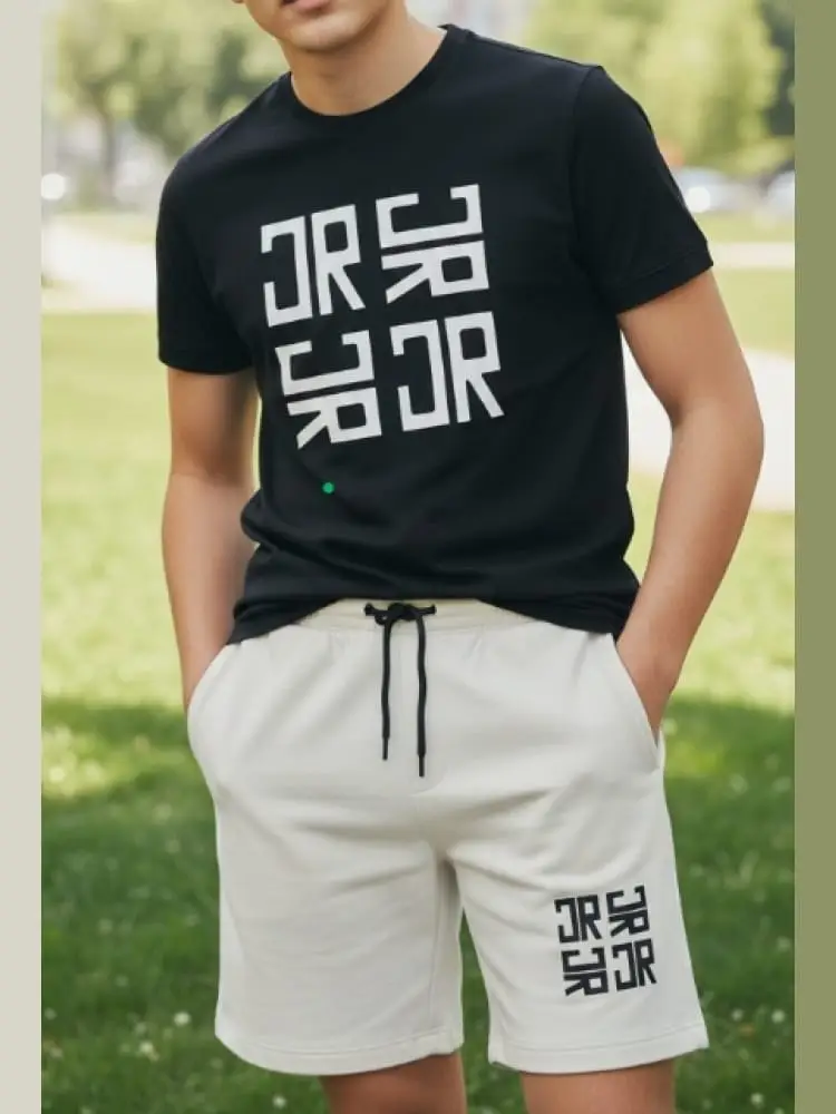 set kids/junior tshirt nera con maxi logo davanti e shorts bianco