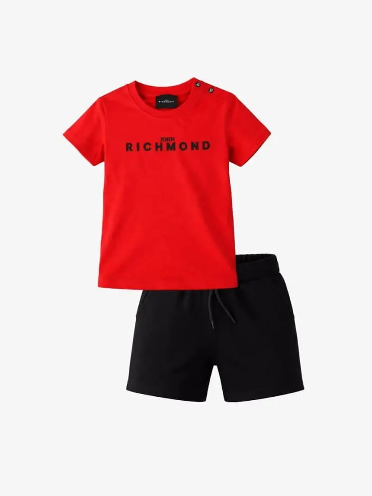 set tshirt+short infant rosso con logo lettering