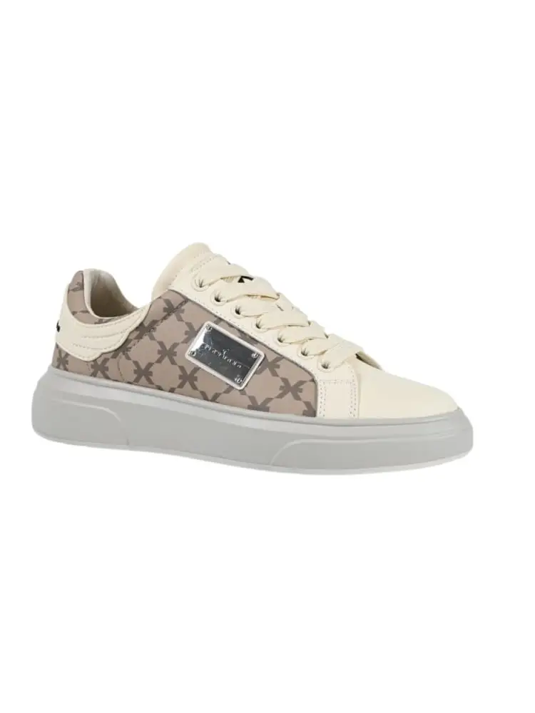 sneakers action donna in pelle beige logo all over con logo placca