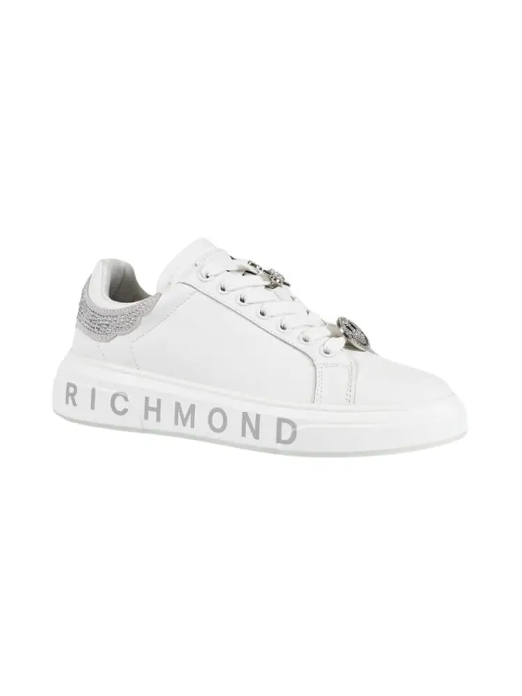 sneakers action donna in pelle bianca con logo lettering e dettagli strass e charm aqrgento
