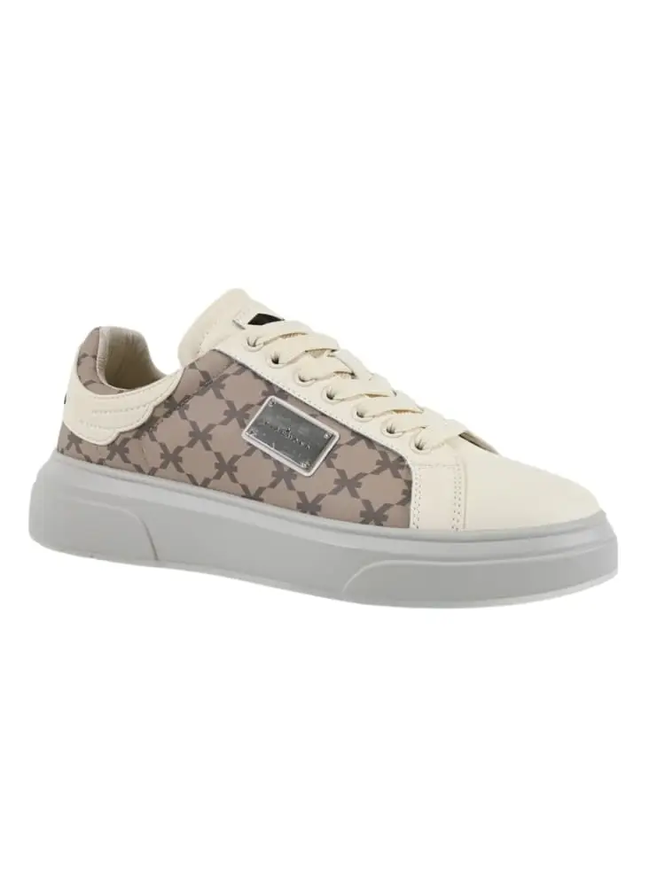 sneakers action uomo in pelle beige logo all over con placca logo