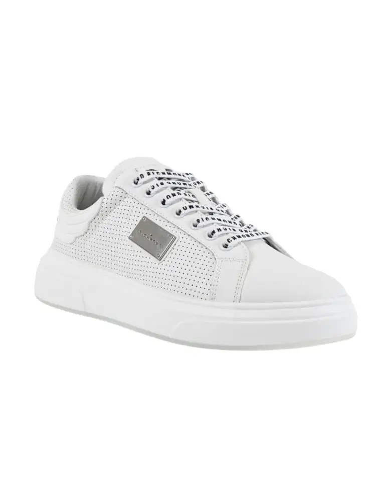 sneakers action uomo in pelle traforta bianca con placca logo