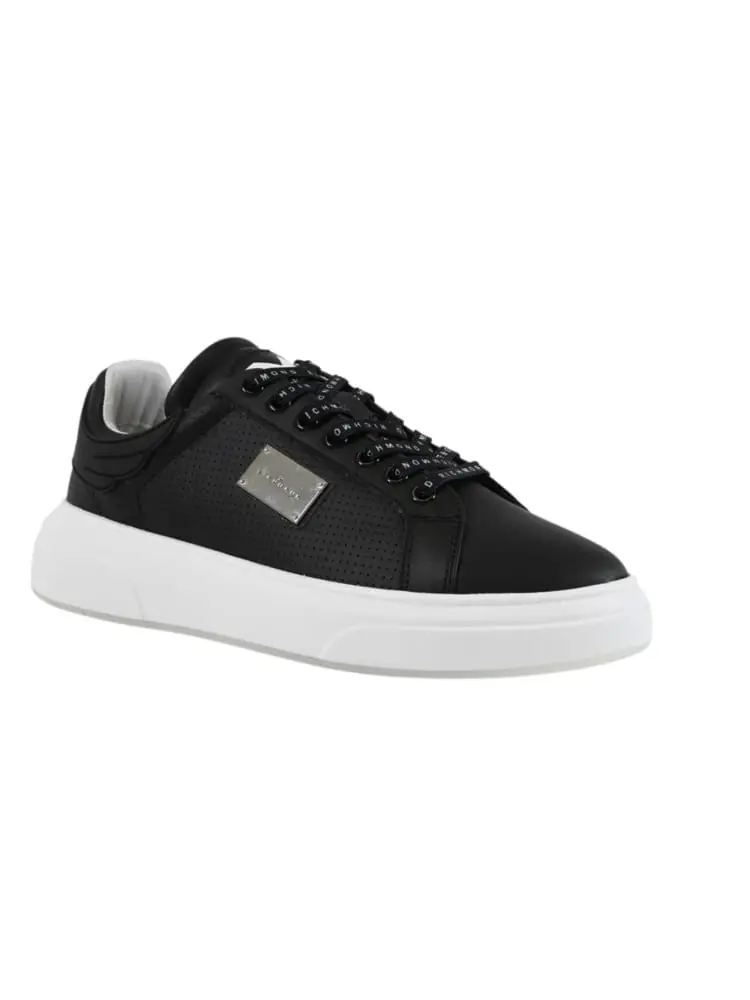 sneakers action uomo in pelle traforta nera con placca logo