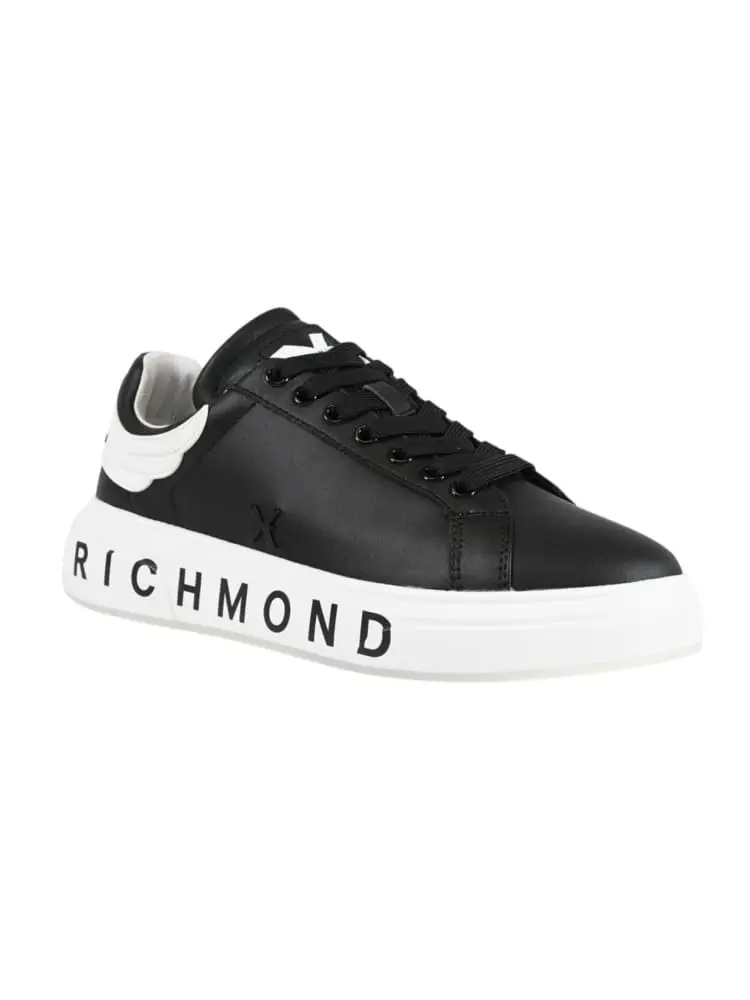 sneakers uomo in pelle nera con logo lettering e dettaglio bianco