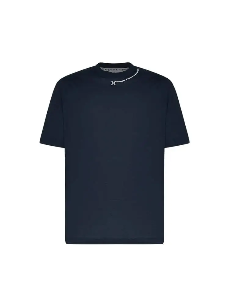 t-shirt fyami in cotone blu con lettering sul collo