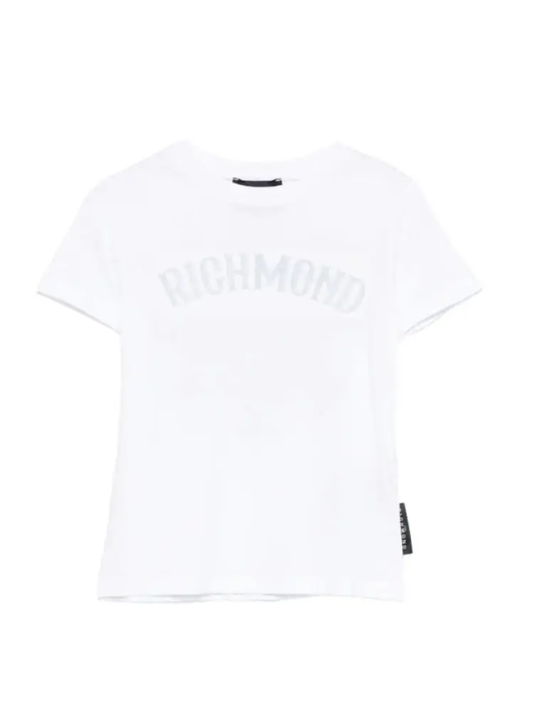 t-shirt kids/junior bianca con logo lettering davanti e maxi stampa dietro