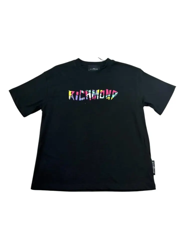 t-shirt kids/junior nera con logo lettering davanti multicolor