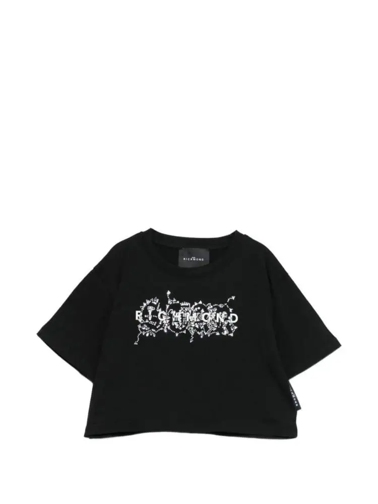 t-shirt kids/junior nera con logo lettering e strass
