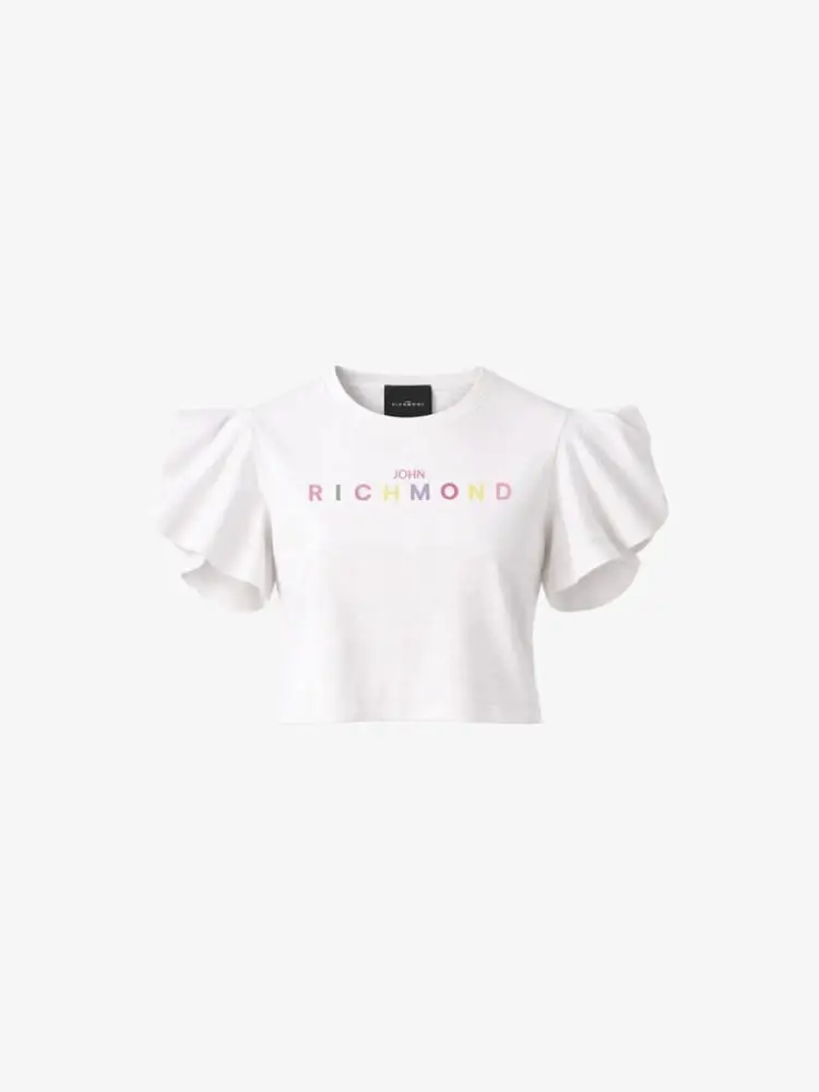 tshirt kids/junior bianca con logo letterign arcobaleno e con ruches