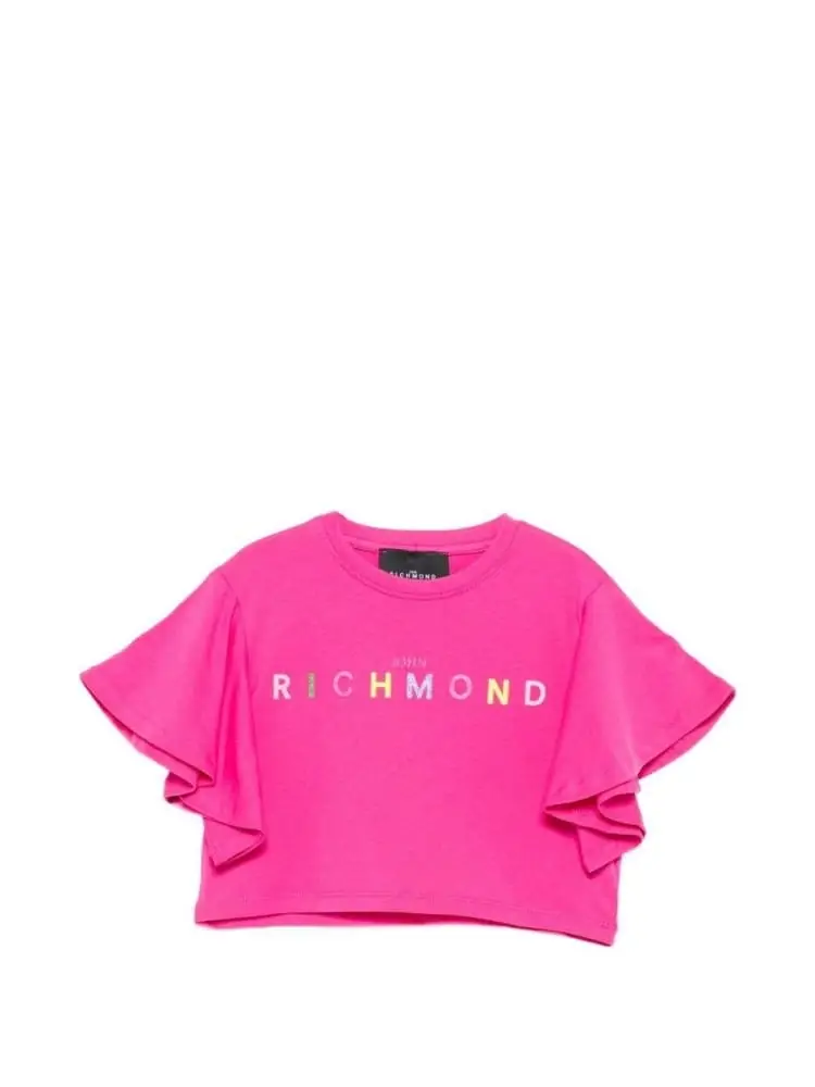 tshirt kids/junior fuxia con logo letterign arcobaleno e con ruches