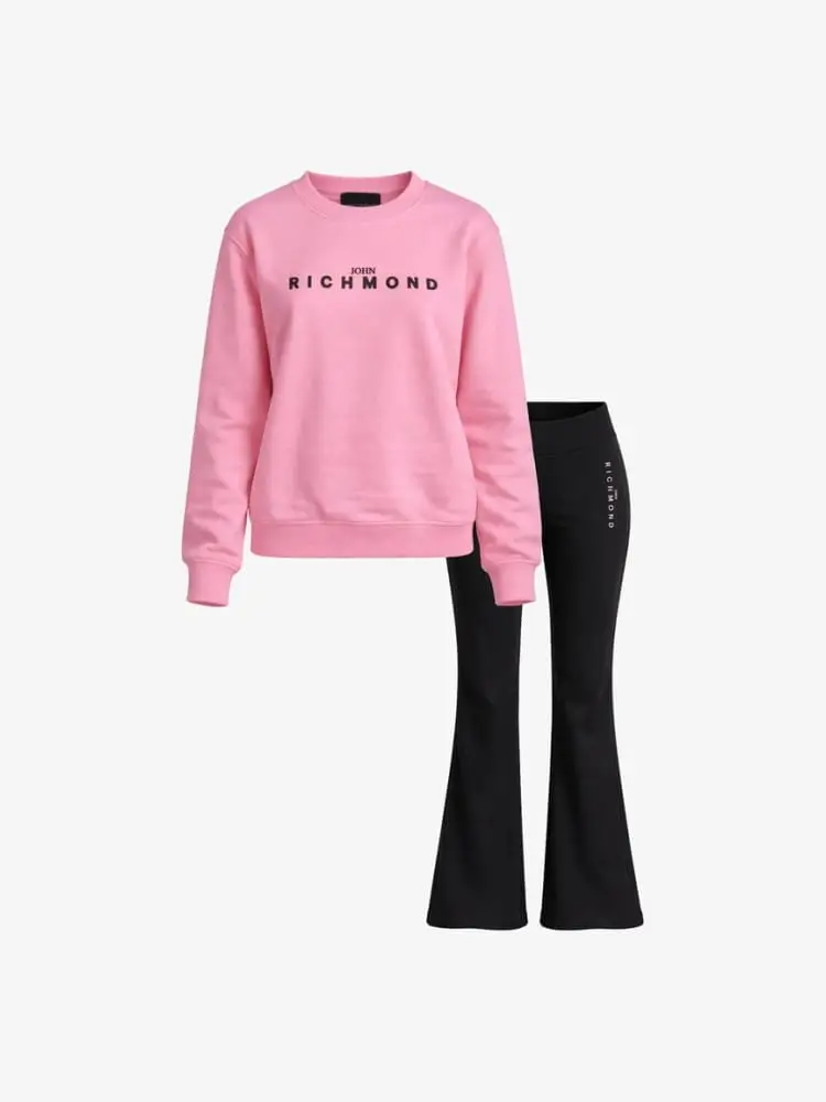 tuta kids/junior con felpa girocollo rosa e pantalone nero a zampa