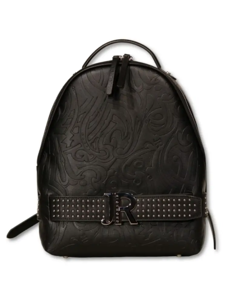 zaino in ecopelle con pattern nero logo monogram in metallo e borchie