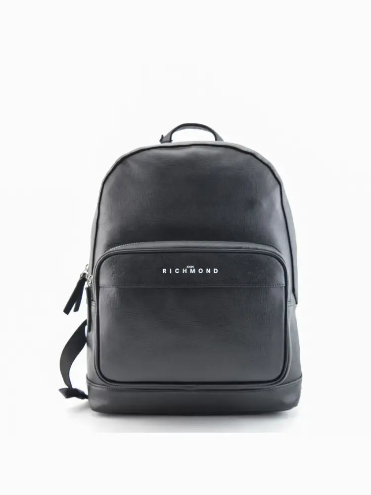 zaino in pelle nero con logo lettering e tasca frontale esterna
