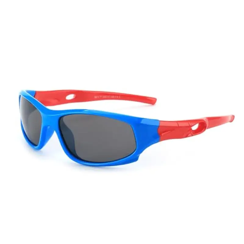JoXiGo Occhiali da sole per bambini sportivi polarizzati infrangibili per bambini e bambine (3-12 anni) + cordini per occhiali + custodia per occhiali (Montatura Blu - Stecca Rosso)