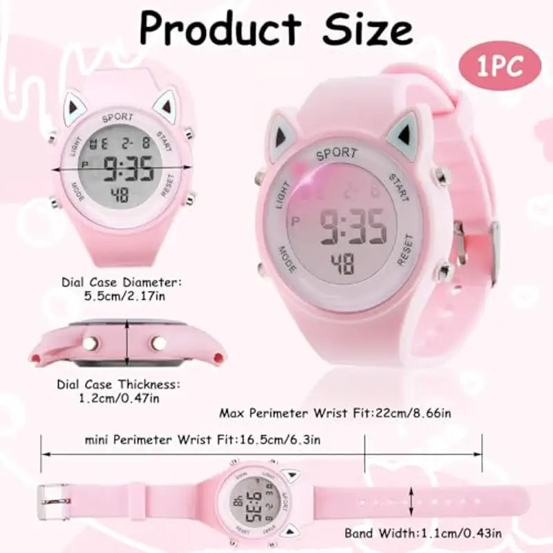 Joynine Orologio Bambina Digitale, 30M Impermeabile, Sportivo con Disegno 3D e Orecchie di Gatto, LED e Retroilluminazione, per Ragazze 3-12 Anni miniatura 2