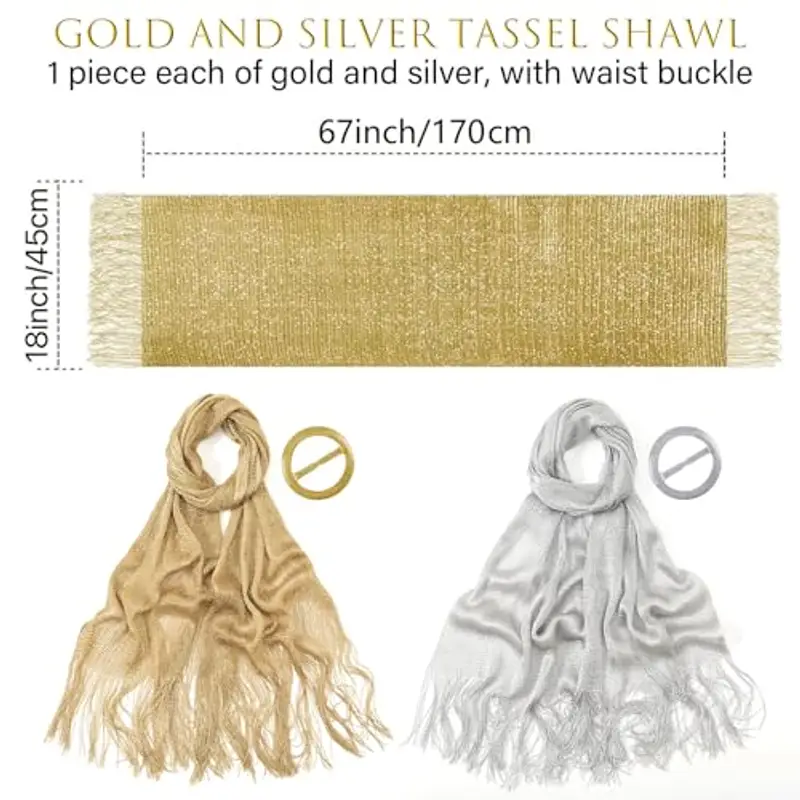 JSTHHTT 2 Pezzi Stola Scialle Donna Elegante, Coprispalle Argento con Frange Vintage, Scialle Stola Metallici miniatura 2