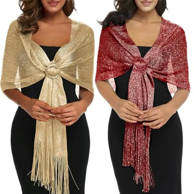 JSTHHTT 2 Pezzi Stola Scialle Donna Elegante, Coprispalle con Frange Vintage, Sciarpe Vintage Lucida a Tinta Unita,